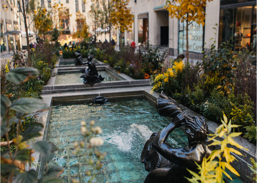 The Channel Gardens with seasonal flowers, sculptures and fountains at Rockefeller Center.